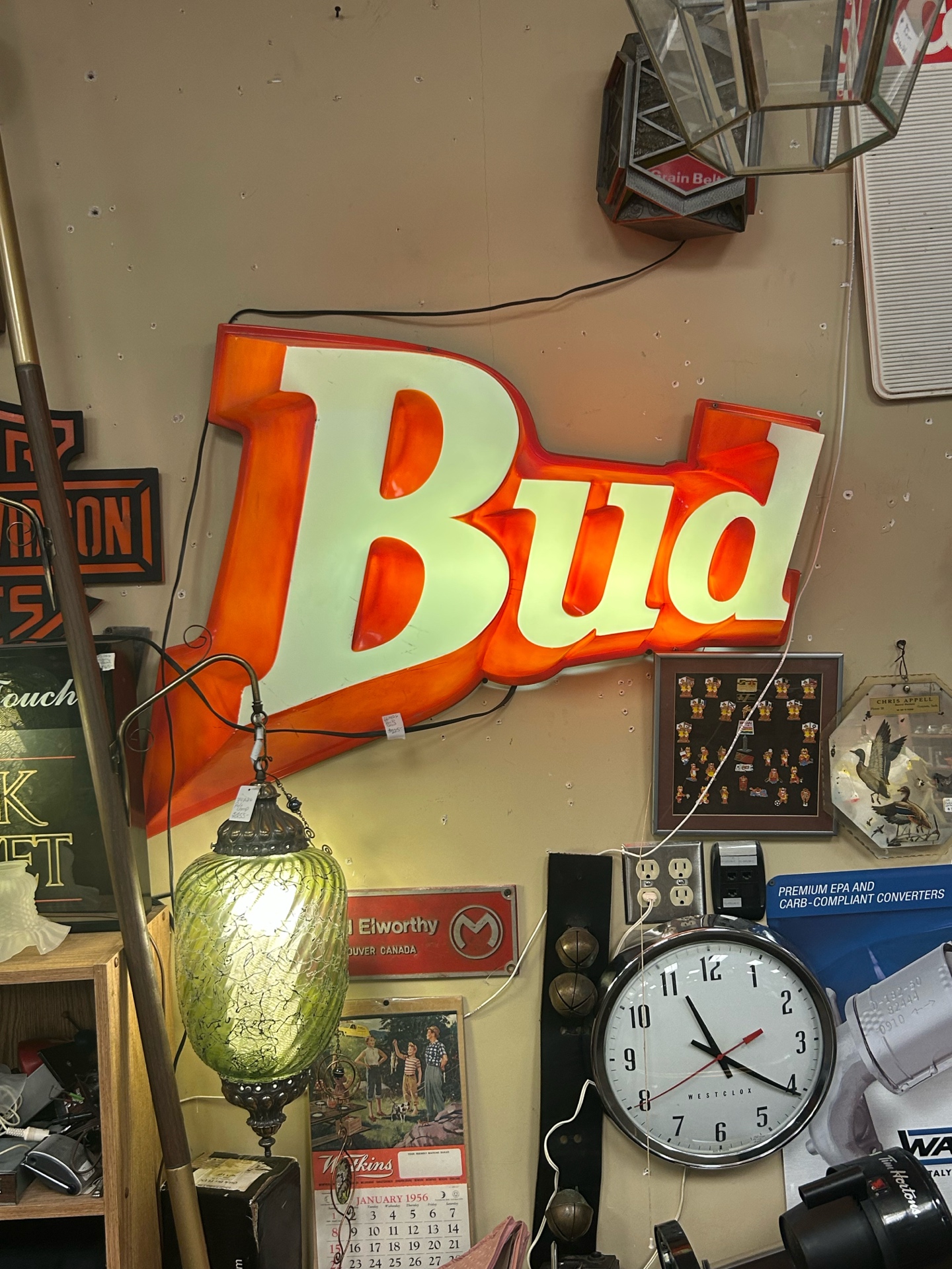 Vintage Budweiser neon sign and advertising collectables at Krave Antiques Regina